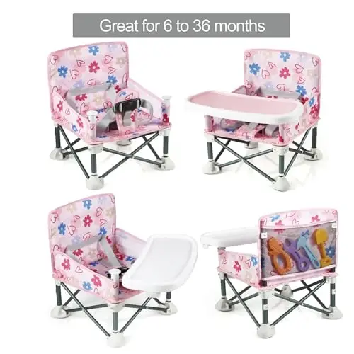 PandaEar Portable Baby Seat Travel| Compact Fold with Straps for Indoor/Outdoor Use| Great for Camping, Beach, Lawn |Toddlers, Kids, Boys, Girls (with Placemat, Pink) - 3