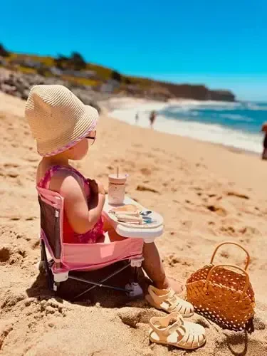 PandaEar Portable Baby Seat Travel| Ichki/tashqi foydalanish uchun kamarlar bilan ixcham buklama | Camping, plyaj, gazon uchun ajoyib | Go'daklar, bolalar, o'g'il bolalar, qizlar (pushti) - 5