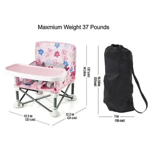 PandaEar Portable Baby Seat Travel| Ichki/tashqi foydalanish uchun tasmali ixcham buklama | Camping, plyaj, gazon uchun ajoyib | Bolalar, o'g'il bolalar, qizlar (plastmassa taglik bilan, pushti) - 3