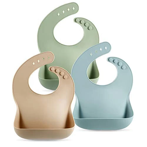 PandaEar Set of 3 Silicone Baby Bibs Waterproof, Soft, Unisex, 10-72 Months (Brown/Blue/Green) - PANDAEAR