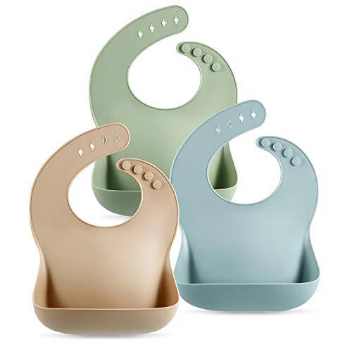 PandaEar Set of 3 Silicone Baby Bibs Waterproof, Soft, Unisex, 10-72 Months (Brown/Blue/Green) - 1