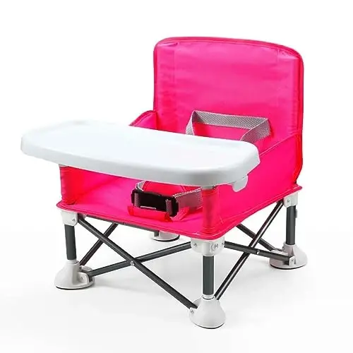 PandaEar Portable Travel Booster Seat with Tray| Folding Baby Seat Booster High Chair for Dining Table| Compact Camping Chair for Lawn, Beach Indoor/Outdoor Use| Toddlers, Kids (Pink) - 1