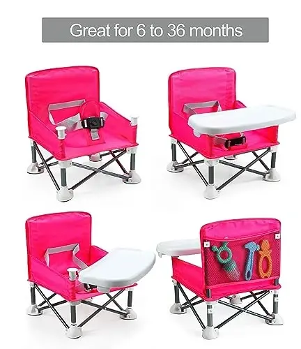 PandaEar Portable Travel Booster Seat with Tray| Folding Baby Seat Booster High Chair for Dining Table| Compact Camping Chair for Lawn, Beach Indoor/Outdoor Use| Toddlers, Kids (Pink) - 2
