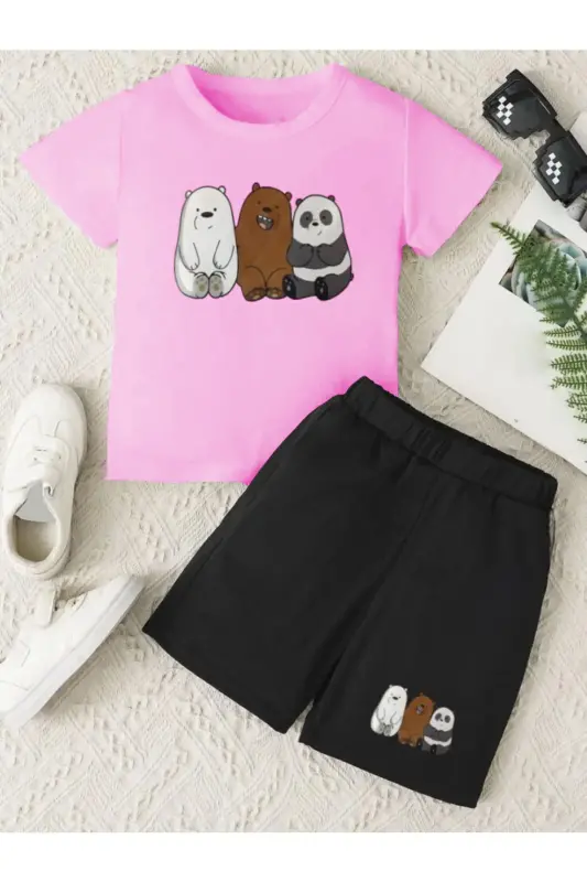 Pandalar Baskılı Kız/erkek Şort Takım-Pembe - AMAZON EV