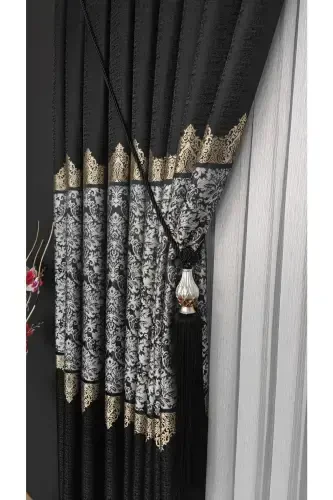 Panel Background Curtain Black Grey Striped Single Wing Tight Pleated Jacquard Glossy Patterned 90 x 260-Black 912 - 1