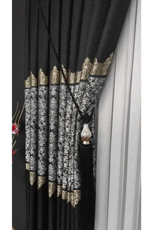 Panel Background Curtain Black Grey Striped Single Wing Tight Pleated Jacquard Glossy Patterned 90 x 260-Black 912 - YUKA
