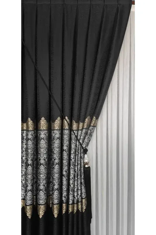 Panel Background Curtain Black Grey Striped Single Wing Tight Pleated Jacquard Glossy Patterned 90 x 260-Black 912 - 2