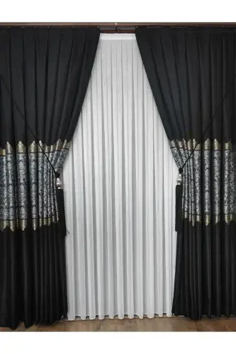 Panel Background Curtain Black Grey Striped Single Wing Tight Pleated Jacquard Glossy Patterned 90 x 260-Black 912 - 5