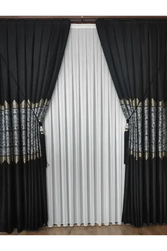 Panel Background Curtain Black Grey Striped Single Wing Tight Pleated Jacquard Glossy Patterned 90 x 260-Black 912 - 5