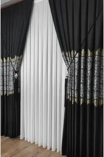 Panel Background Curtain Black Grey Striped Single Wing Tight Pleated Jacquard Glossy Patterned 90 x 260-Black 912 - 6