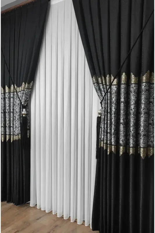 Panel Background Curtain Black Grey Striped Single Wing Tight Pleated Jacquard Glossy Patterned 90 x 260-Black 912 - 6