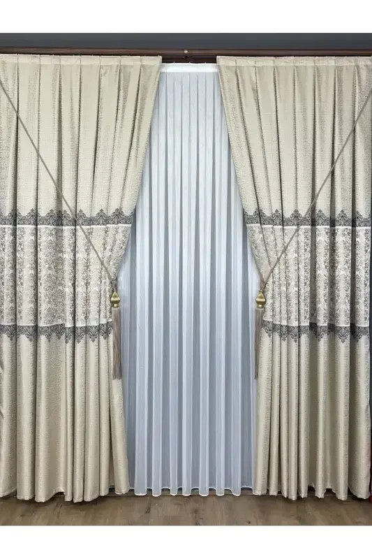 Panel Background Curtain Cream Beige Single Wing Tight Pleated Jacquard Semi-Gloss Patterned 100 X 260-Cream Beige 111 - 5