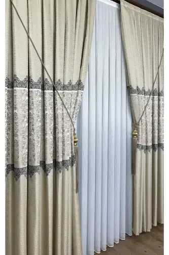 Panel Background Curtain Cream Beige Single Wing Tight Pleated Jacquard Semi-Gloss Patterned 100 X 260-Cream Beige 111 - 6