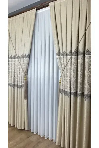 Panel Background Curtain Cream Beige Single Wing Tight Pleated Jacquard Semi-Gloss Patterned 100 X 260-Cream Beige 111 - 7