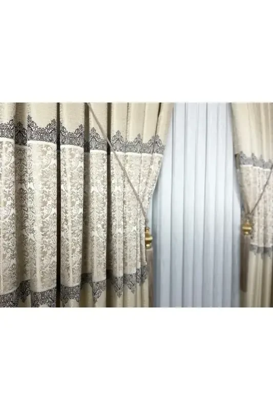 Panel Background Curtain Cream Beige Single Wing Tight Pleated Jacquard Semi-Gloss Patterned 100 X 260-Cream Beige 111 - 8
