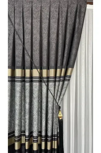 Panel Background Curtain Mink Black Gold Single Wing Tight Pleated Jacquard Glossy Patterned 90 X 270-Black 921 - YUKA (1)