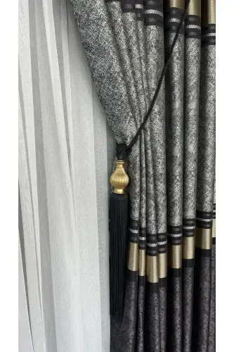 Panel Background Curtain Mink Black Gold Single Wing Tight Pleated Jacquard Glossy Patterned 90 X 270-Black 921 - 3