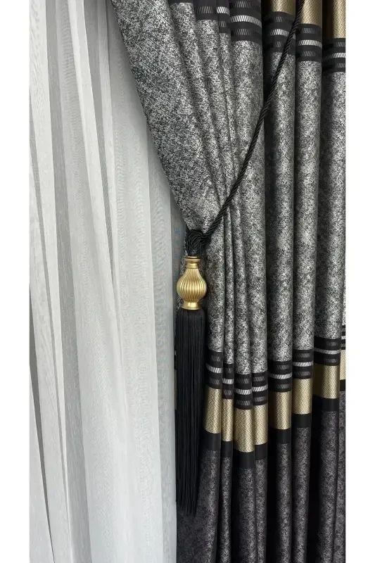 Panel Background Curtain Mink Black Gold Single Wing Tight Pleated Jacquard Glossy Patterned 90 X 270-Black 921 - 3
