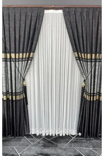 Panel Background Curtain Mink Black Gold Single Wing Tight Pleated Jacquard Glossy Patterned 90 X 270-Black 921 - 5