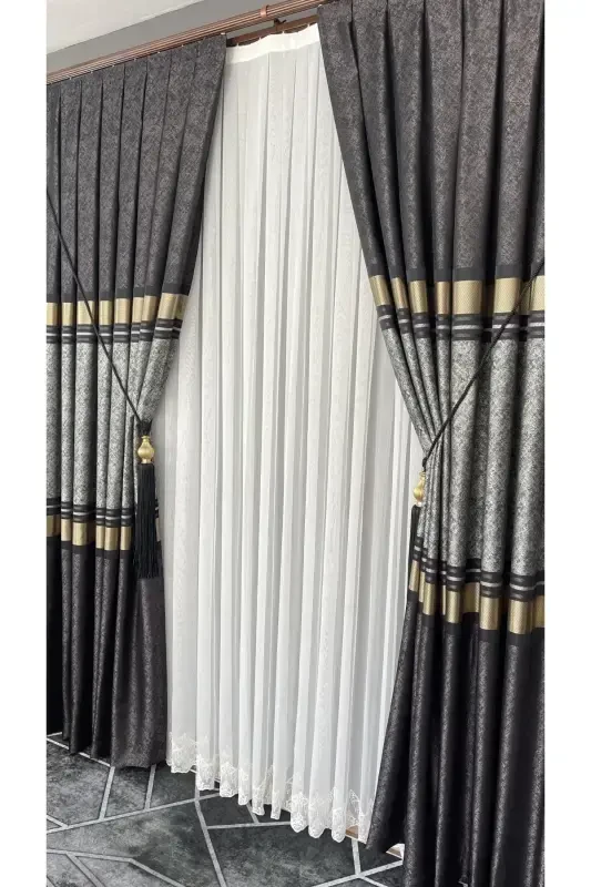Panel Background Curtain Mink Black Gold Single Wing Tight Pleated Jacquard Glossy Patterned 90 X 270-Black 921 - 6