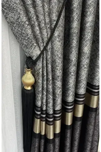 Panel Background Curtain Mink Black Gold Single Wing Tight Pleated Jacquard Glossy Patterned 90 X 270-Black 921 - 7