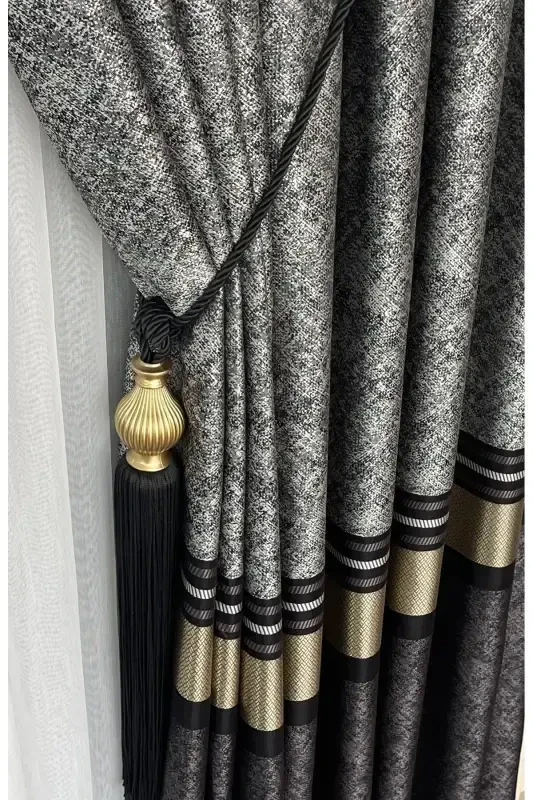 Panel Background Curtain Mink Black Gold Single Wing Tight Pleated Jacquard Glossy Patterned 90 X 270-Black 921 - 7