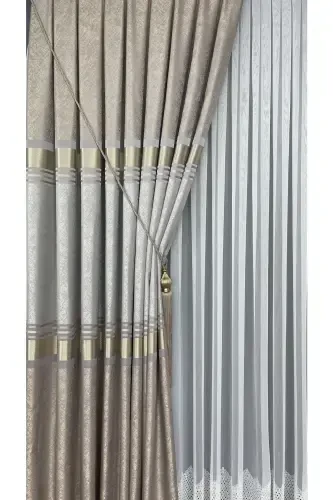 Panel Background Curtain Mink Cream Gold Single Wing Pleated Jacquard Shiny Patterned 80 X 270-Cream 5421 - 3