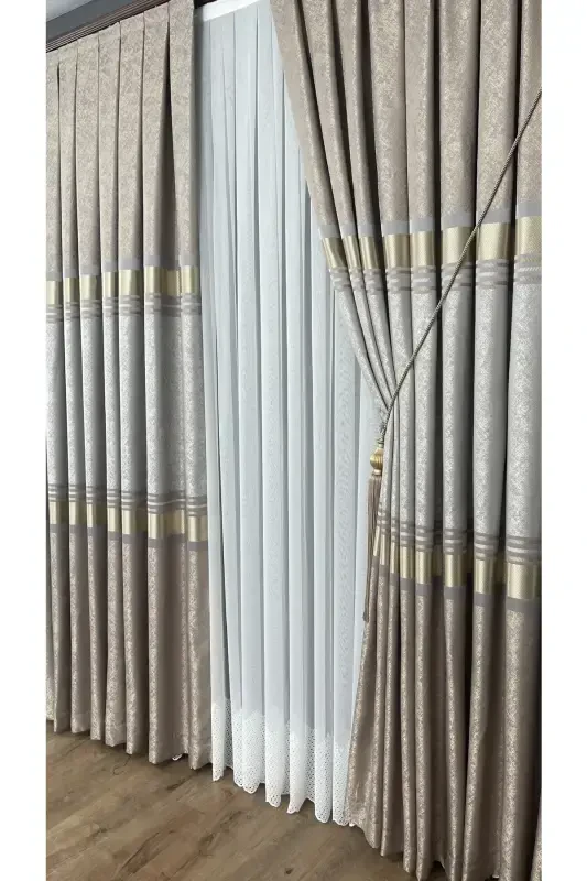 Panel Background Curtain Mink Cream Gold Single Wing Pleated Jacquard Shiny Patterned 80 X 270-Cream 5421 - 7