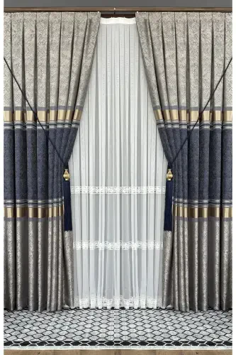 Panel Background Curtain Mink Navy Gold Single Wing Accordion Pleated Jacquard Shiny Patterned 100 X 280-Navy 2532 - 5