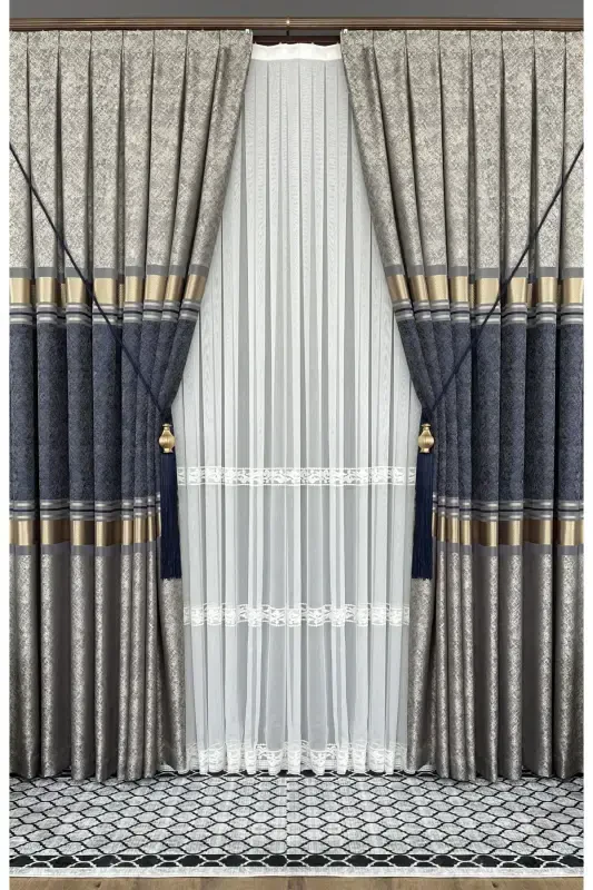 Panel Background Curtain Mink Navy Gold Single Wing Accordion Pleated Jacquard Shiny Patterned 100 X 280-Navy 2532 - 5