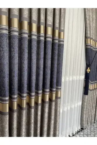 Panel Background Curtain Mink Navy Gold Single Wing Accordion Pleated Jacquard Shiny Patterned 100 X 280-Navy 2532 - 6