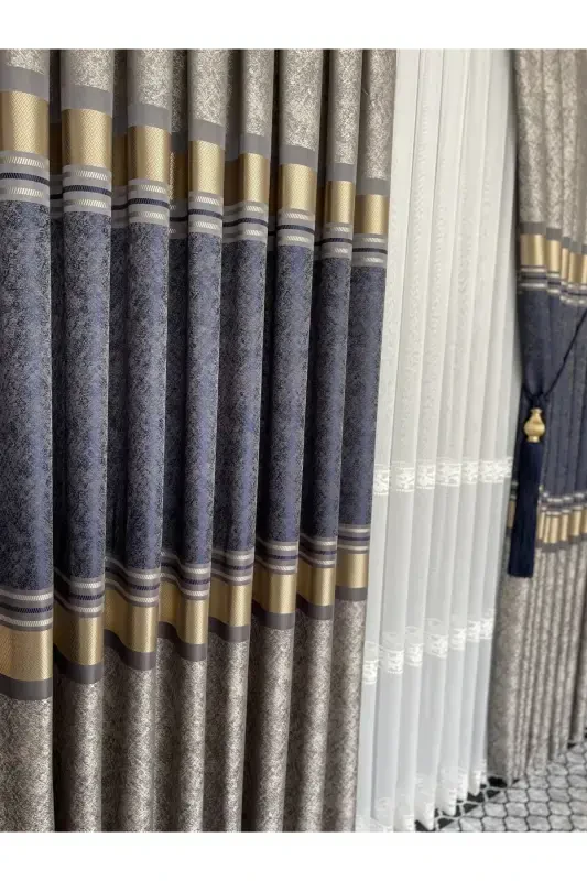 Panel Background Curtain Mink Navy Gold Single Wing Accordion Pleated Jacquard Shiny Patterned 100 X 280-Navy 2532 - 6