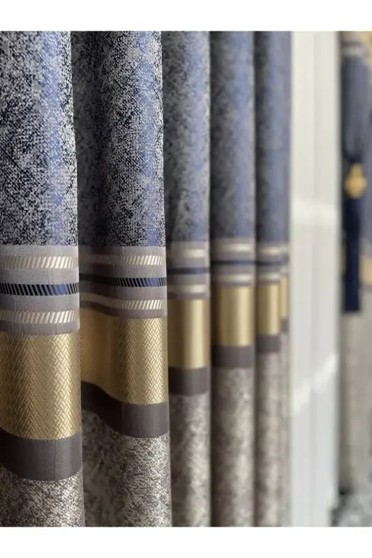 Panel Background Curtain Mink Navy Gold Single Wing Accordion Pleated Jacquard Shiny Patterned 100 X 280-Navy 2532 - 7