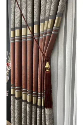Panel Background Curtain Mink Tile Gold Single Wing Tight Pleated Jacquard Shiny Patterned 90 X 270-Tile 2526 - 1