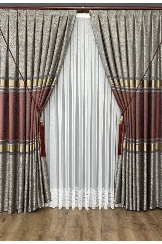 Panel Background Curtain Mink Tile Gold Single Wing Tight Pleated Jacquard Shiny Patterned 90 X 270-Tile 2526 - 5