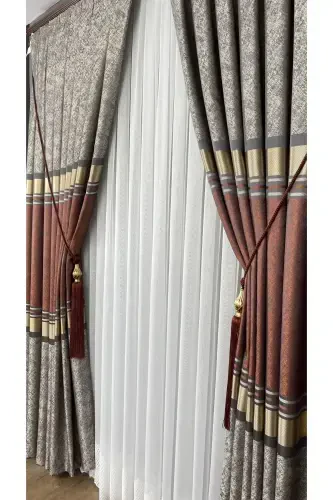 Panel Background Curtain Mink Tile Gold Single Wing Tight Pleated Jacquard Shiny Patterned 90 X 270-Tile 2526 - 6