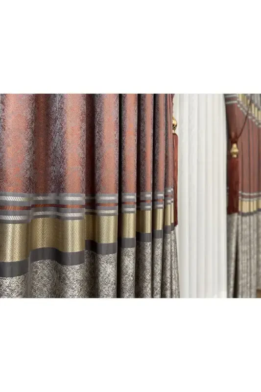 Panel Background Curtain Mink Tile Gold Single Wing Tight Pleated Jacquard Shiny Patterned 90 X 270-Tile 2526 - 8