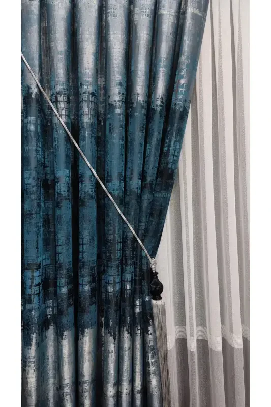 Panel Background Curtain Petrol Blue and Green Black Grey Multicolor Single Wing Accordion Pleated Yuka Home Luxury Series-Petrol Blue and Green - 3