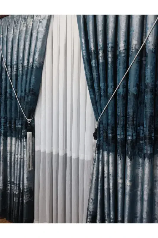 Panel Background Curtain Petrol Blue and Green Black Grey Multicolor Single Wing Accordion Pleated Yuka Home Luxury Series-Petrol Blue and Green - 6