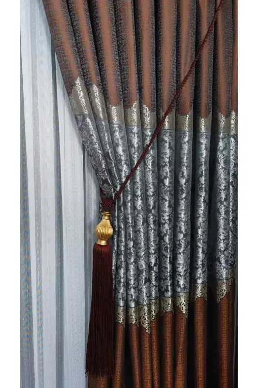 Panel Background Curtain Tile Grey and Gold Striped Patterned Single Wing Closely Pleated Jacquard Semi-Gloss-Tile 2512 - 2