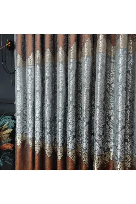 Panel Background Curtain Tile Grey and Gold Striped Patterned Single Wing Closely Pleated Jacquard Semi-Gloss-Tile 2512 - 3