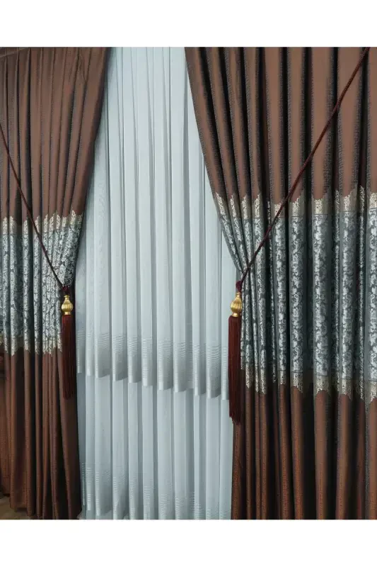 Panel Background Curtain Tile Grey and Gold Striped Patterned Single Wing Closely Pleated Jacquard Semi-Gloss-Tile 2512 - 4