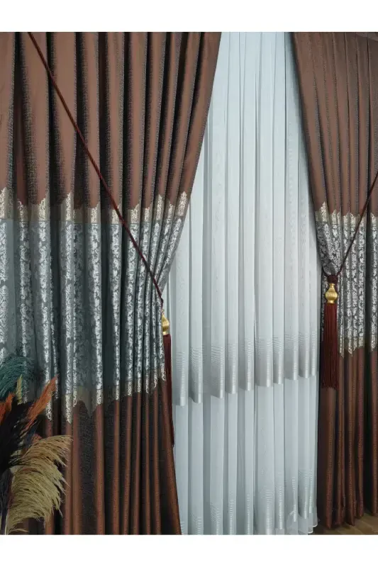 Panel Background Curtain Tile Grey and Gold Striped Patterned Single Wing Closely Pleated Jacquard Semi-Gloss-Tile 2512 - 5