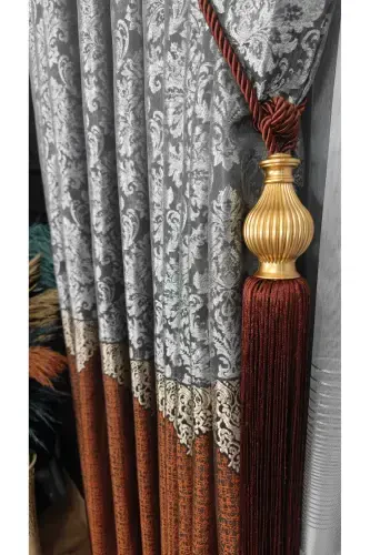 Panel Background Curtain Tile Grey and Gold Striped Patterned Single Wing Closely Pleated Jacquard Semi-Gloss-Tile 2512 - 6
