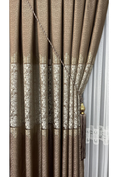 Panel Curtain Coffee Mink Beige Single Wing Tight Pleated Jacquard Shiny Patterned 100 X 260 - 2