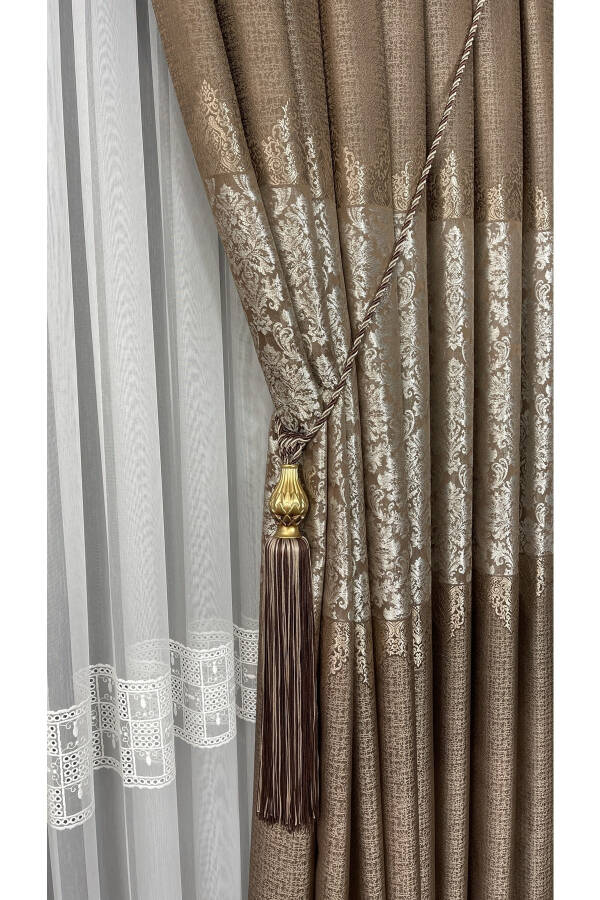 Panel Curtain Coffee Mink Beige Single Wing Tight Pleated Jacquard Shiny Patterned 100 X 260 - 3