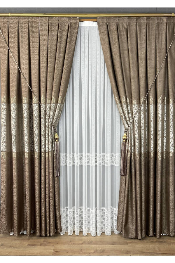 Panel Curtain Coffee Mink Beige Single Wing Tight Pleated Jacquard Shiny Patterned 100 X 260 - 5