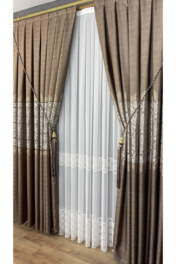 Panel Curtain Coffee Mink Beige Single Wing Tight Pleated Jacquard Shiny Patterned 100 X 260 - 7