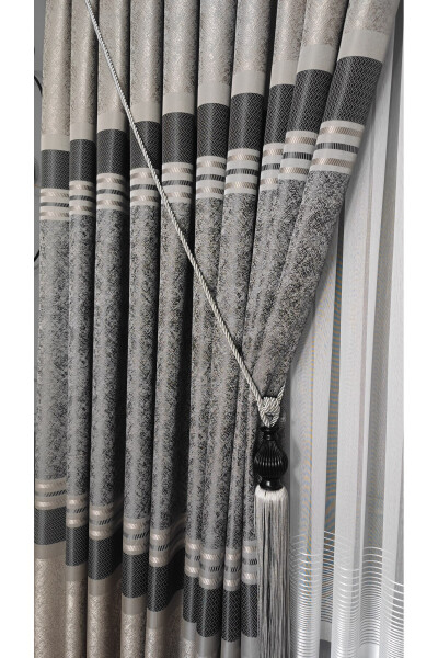 Panel Curtain Grey Anthracite Striped Patterned Single Wing Tight Pleated Jacquard Semi-Gloss - 1