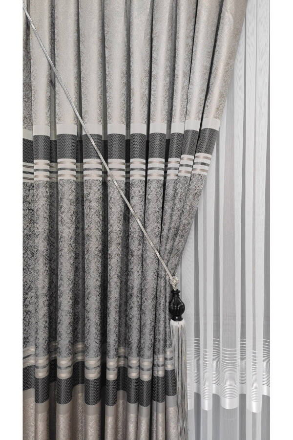 Panel Curtain Grey Anthracite Striped Patterned Single Wing Tight Pleated Jacquard Semi-Gloss - 2